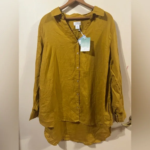 Sigrid Olsen 100% Linen Button Front Tunic Top Womens Size 1X Mustard Yellow NWT - Picture 1 of 6
